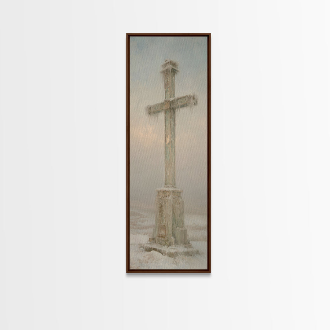 Winter Dawn Cross – Framed Canvas Print – Tall Skinny Art Print – Christian Wall Art – Christian Paintings – Christian Art Canvas – Christm
