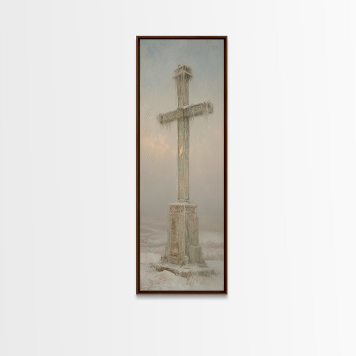 Winter Dawn Cross – Framed Canvas Print – Tall Skinny Art Print – Christian Wall Art – Christian Paintings – Christian Art Canvas – Christm