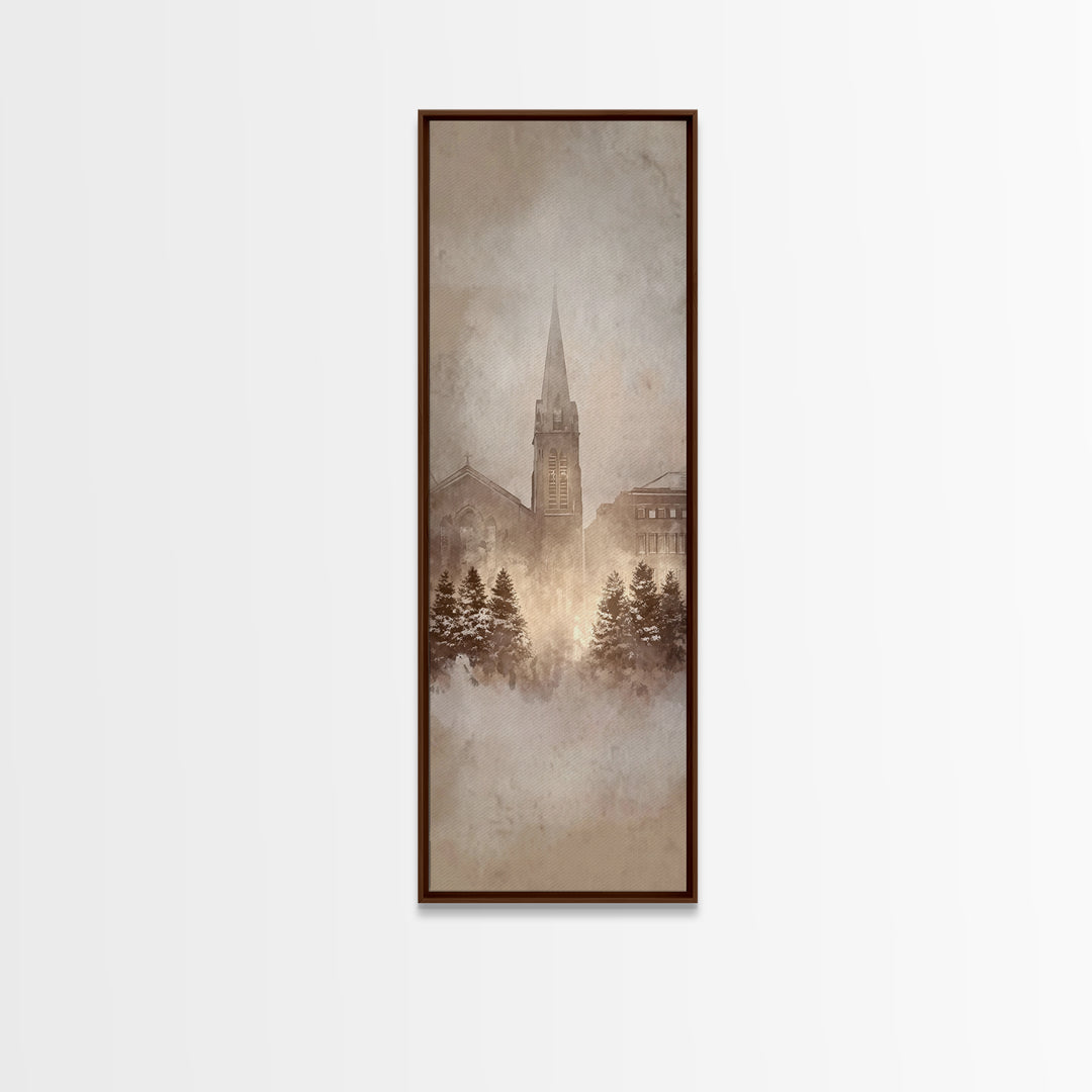 Frosted Chapel Dawn - Framed Canvas Print - Christian Christmas Art - Christian Wall Art - Skinny Art - Christian Art Gift - Vintage Christ