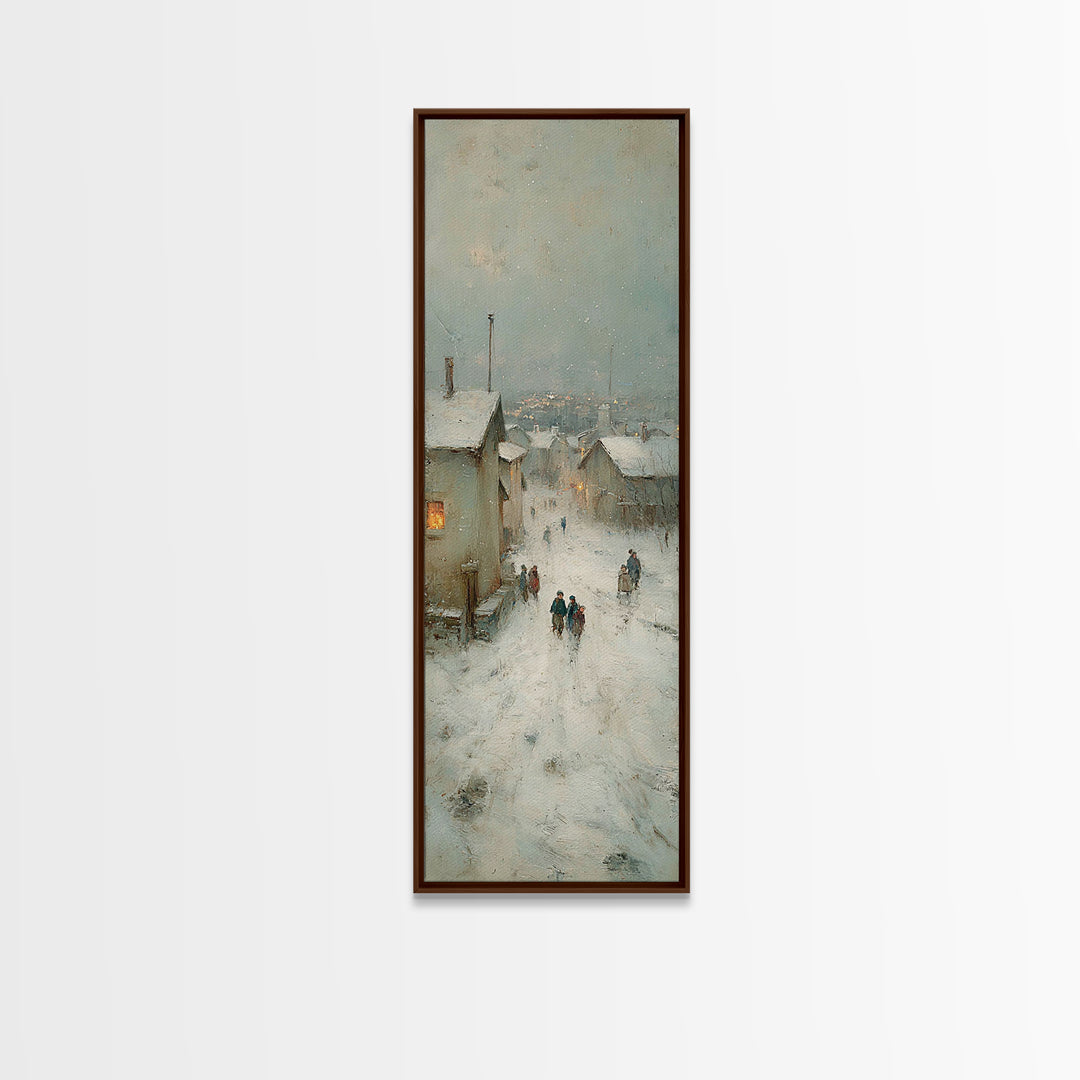 Snowy Village Path - Framed Canvas Print - Christian Wall Art - Skinny Art - Christmas Art Prints - Christian Art Canvas - Vintage Christma