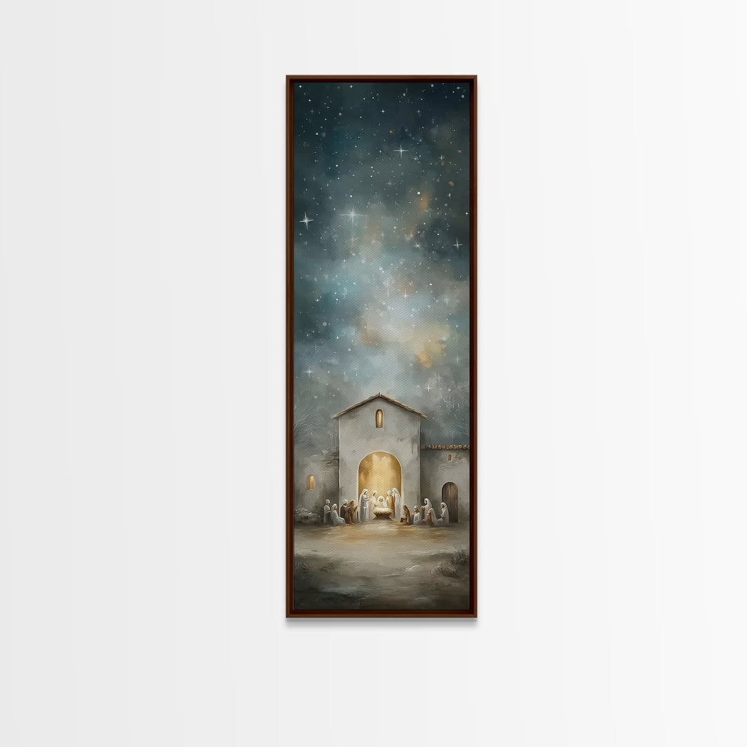 Holy Night Gathering – Framed Canvas Print – Christian Wall Art – Christmas Art – Christian Art Canvas – Tall Skinny Art Print