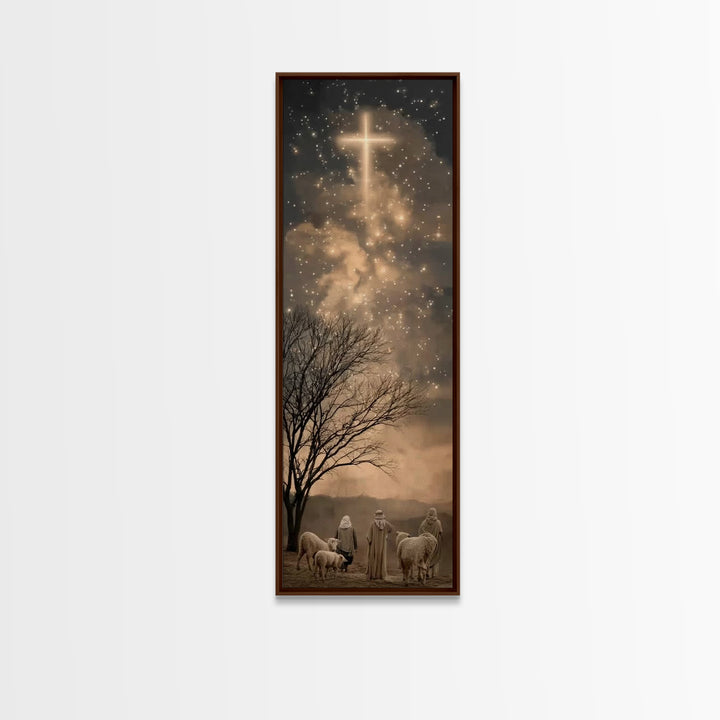 Bethlehem Night Glow, Framed Canvas Print, Tall Narrow Wall Art, Christian Christmas Art, Jesus Painting, Christian Decor