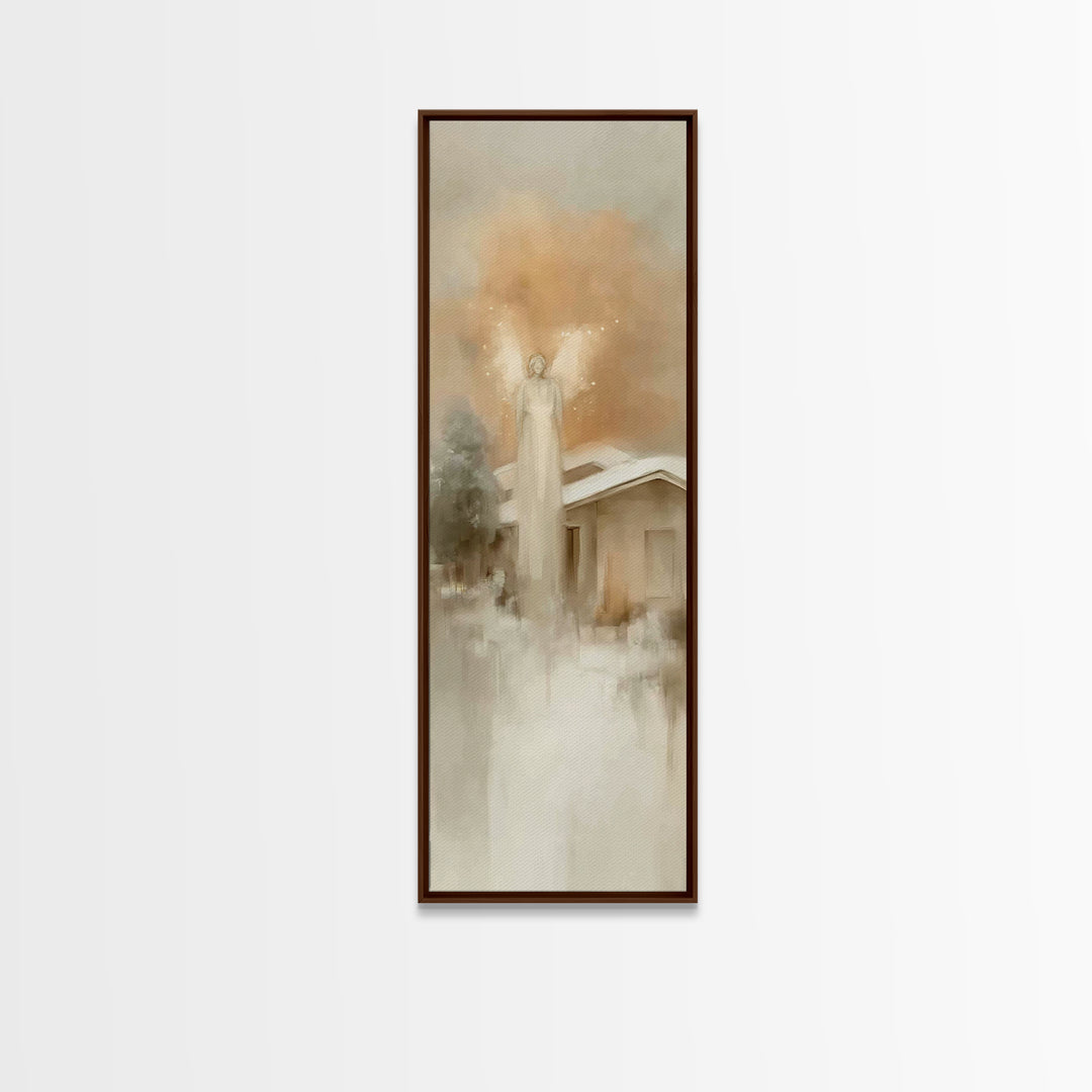 Angel Above Home – Framed Canvas Print, Christian Art Canvas, Christian Wall Art, Skinny Art, Christian Christmas Art, Subtle Christian Art