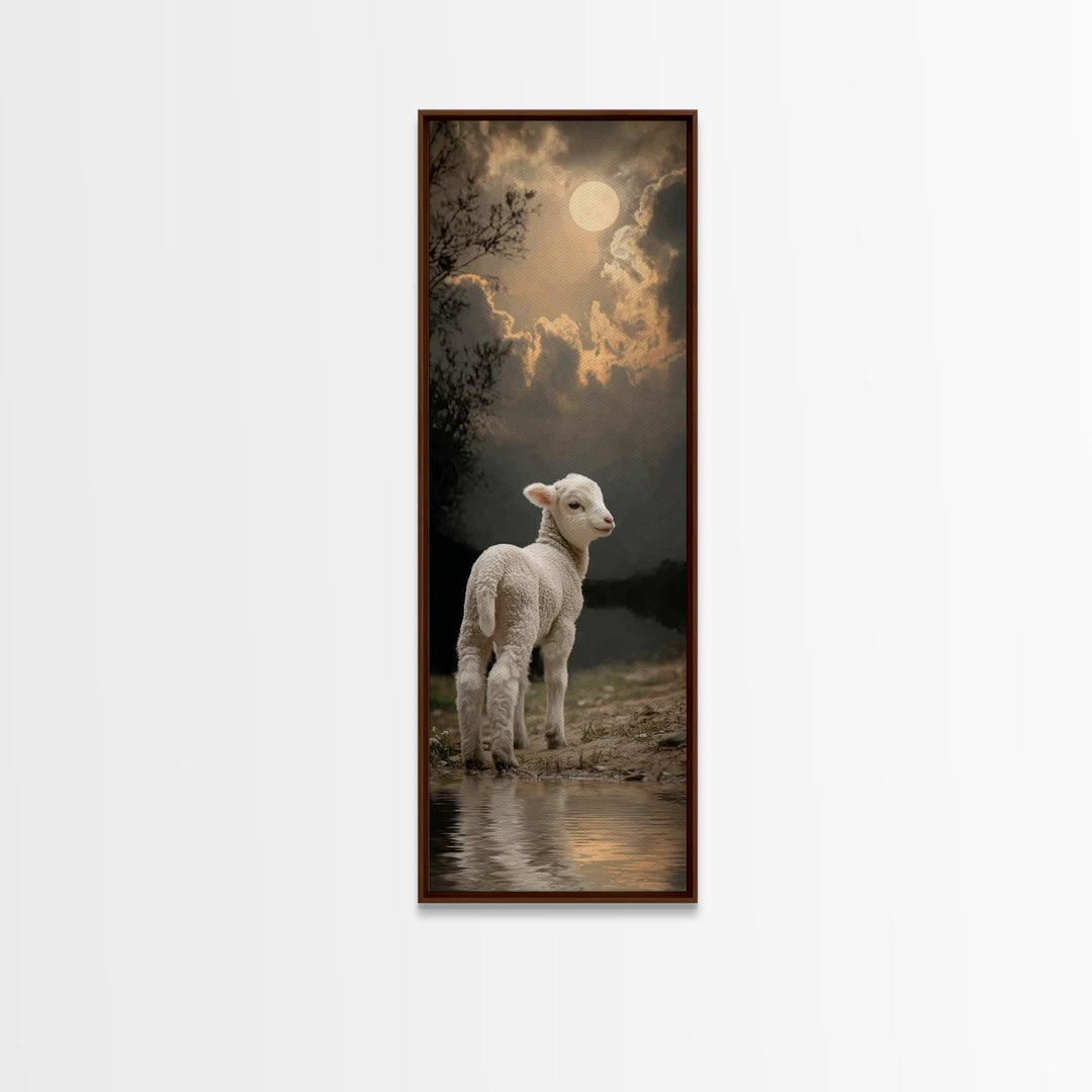 Moonlit Gentle Lamb, Framed Canvas Print, Christian Wall Art, Christian Art Canvas, Narrow Art, Christian Art Print, Christian Decor For Ho