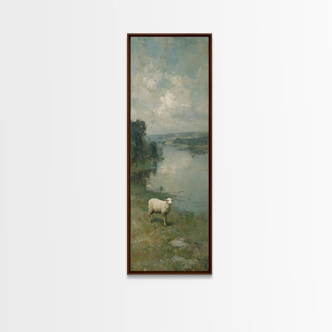 Riverbank White Lamb | Framed Canvas Print | Christian Art Canvas | Christian Wall Art | Skinny Art | Vintage Christian Art | Christian Dec
