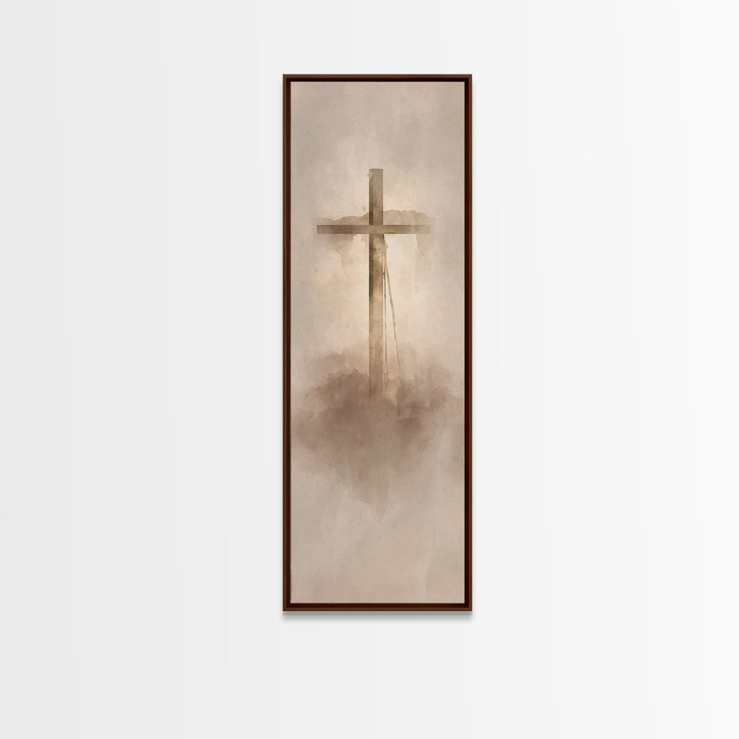 Cross In The Mist, Framed Canvas Print, Tall Skinny Art Print, Christian Art Canvas, Christian Wall Art, Christian Art Work, Christian Deco