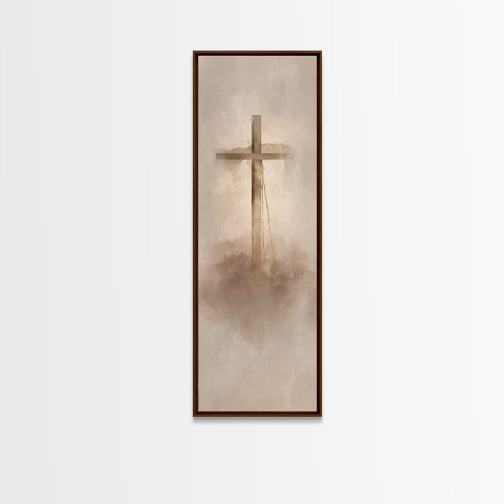 Cross In The Mist, Framed Canvas Print, Tall Skinny Art Print, Christian Art Canvas, Christian Wall Art, Christian Art Work, Christian Deco