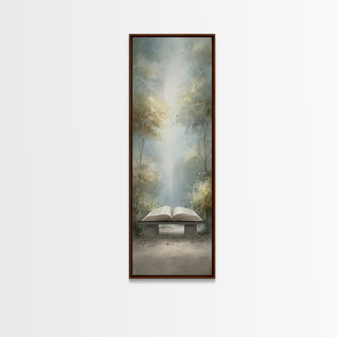 Sacred Forest Reading – Framed Canvas Print – Christian Wall Art – Christian Painting – Narrow Art – Christian Art Canvas – Christian Decor