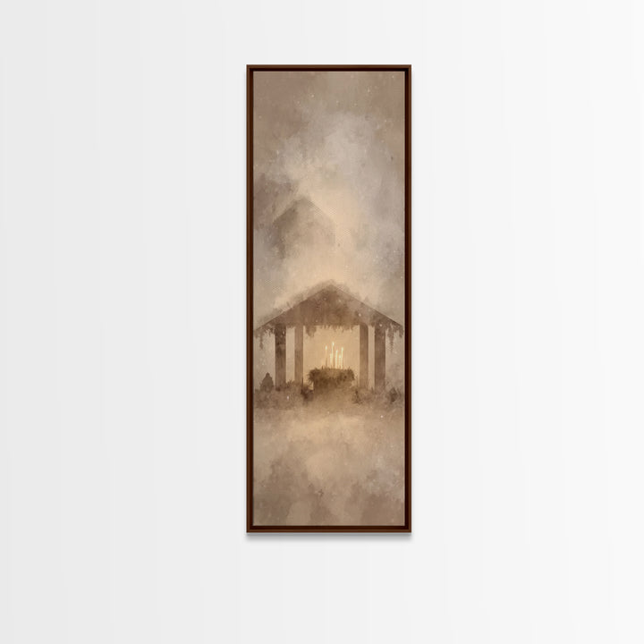 Holy Cradle Light – Framed Canvas Print – Christmas Art – Christian Art Canvas – Modern Christian Art – Skinny Art