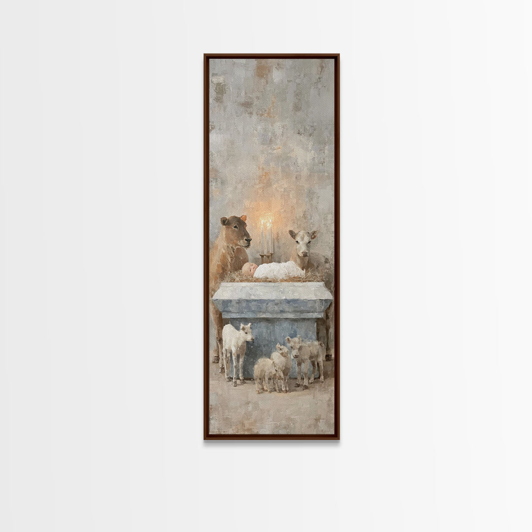 Serene Manger Hope – Framed Canvas Print – Christian Wall Art – Jesus Painting – Christmas Art – Narrow Art – Christian Art Canvas