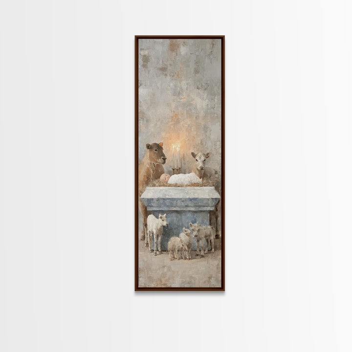 Serene Manger Hope – Framed Canvas Print – Christian Wall Art – Jesus Painting – Christmas Art – Narrow Art – Christian Art Canvas