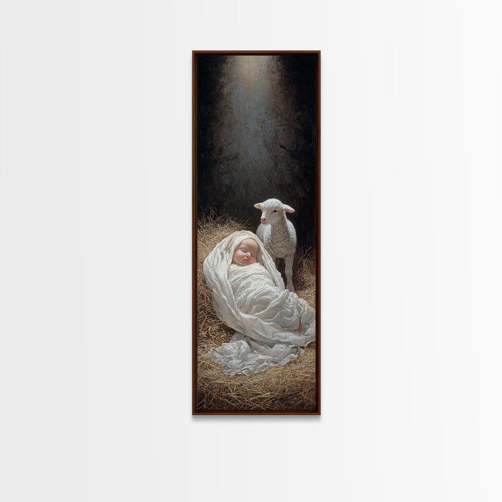 Radiant Manger Blessing, Framed Canvas Print, Christian Art Print, Christmas Art, Narrow Art, Jesus Christmas Art, Christian Wall Art