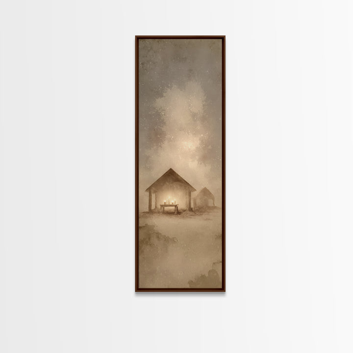 Sacred Stable Glow – Framed Canvas Print – Christian Art Canvas – Framed Christmas Art – Christian Art – Skinny Art