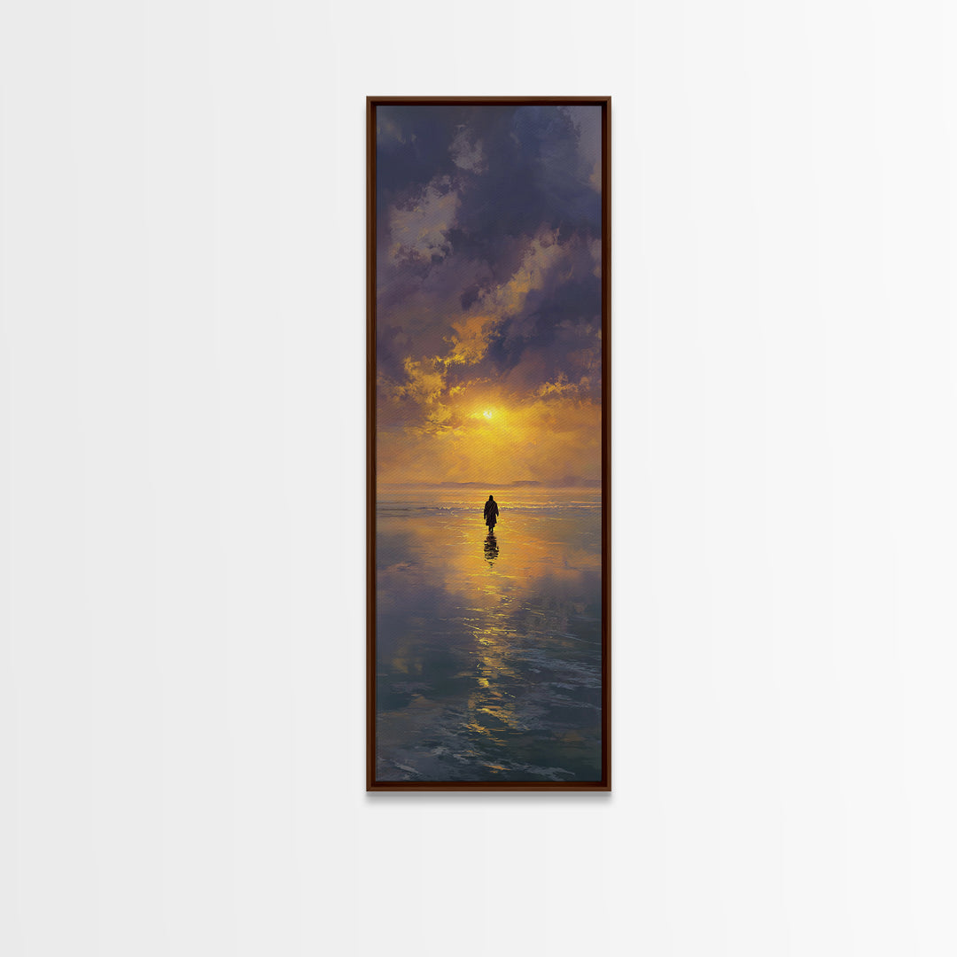 Golden Horizon Walk | Framed Canvas Print | Tall Skinny Art Print | Jesus Painting | Christian Wall Art | Christian Art Canvas | Christian