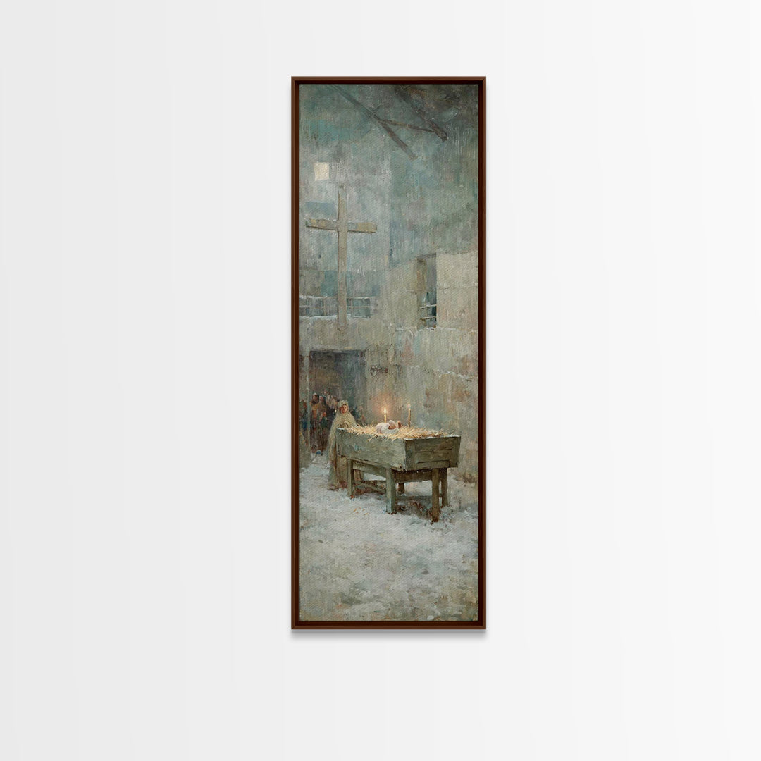 Soft Manger Dawn – Framed Canvas Print – Christian Art Canvas – Christmas Art – Subtle Christian Art – Tall Narrow Wall Art