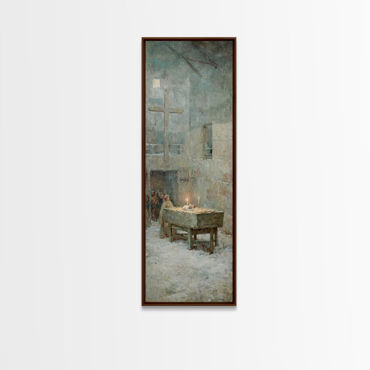 Soft Manger Dawn – Framed Canvas Print – Christian Art Canvas – Christmas Art – Subtle Christian Art – Tall Narrow Wall Art