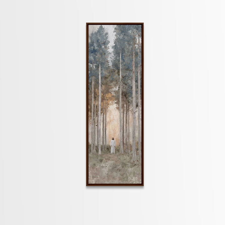 Light Through The Pines, Framed Canvas Print, Christian Art Canvas, Christian Wall Art, Jesus Painting, Skinny Art, Christian Christmas Art