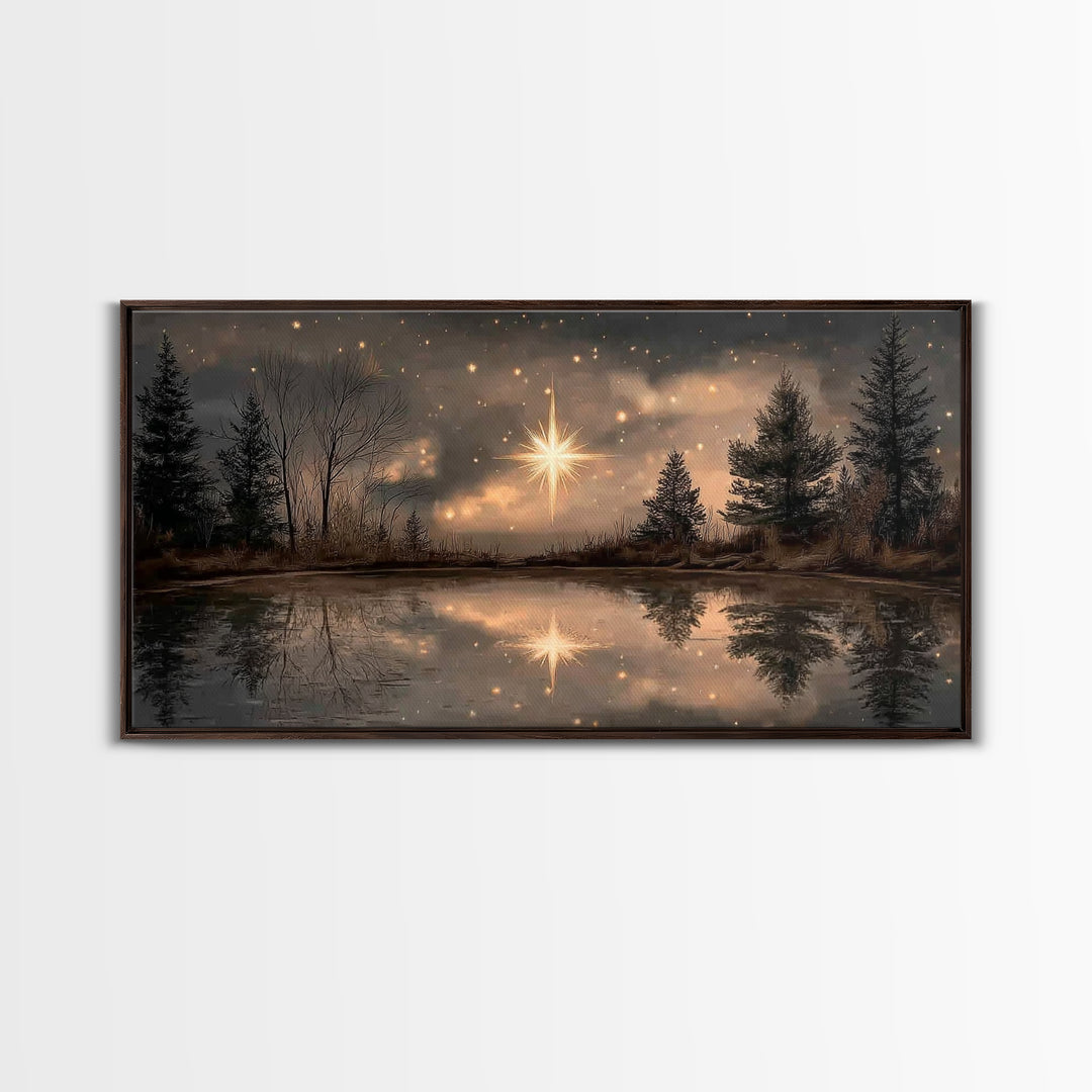 Night Star Reflection, Framed Canvas Print, Christian Art Canvas, Christmas Wall Art, Christian Christmas Art, Moody Christmas Art, Christi