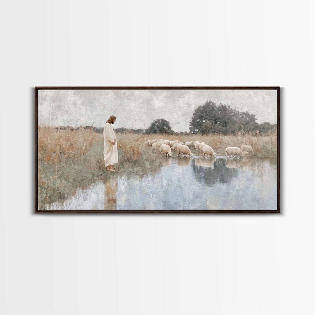 Gentle Shepherd Light – Framed Canvas Print – Christian Wall Art – Jesus Painting – Christian Art Canvas – Pastoral Scenery – Christian Chr