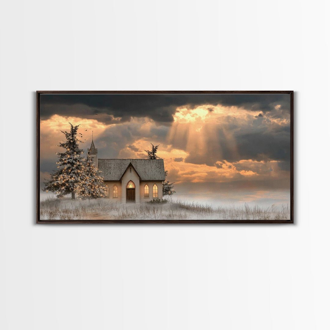 Light Of The Chapel – Framed Canvas Print – Christmas Art – Christian Christmas Art – Christian Wall Art – Christian Art Canvas – Winter Ch