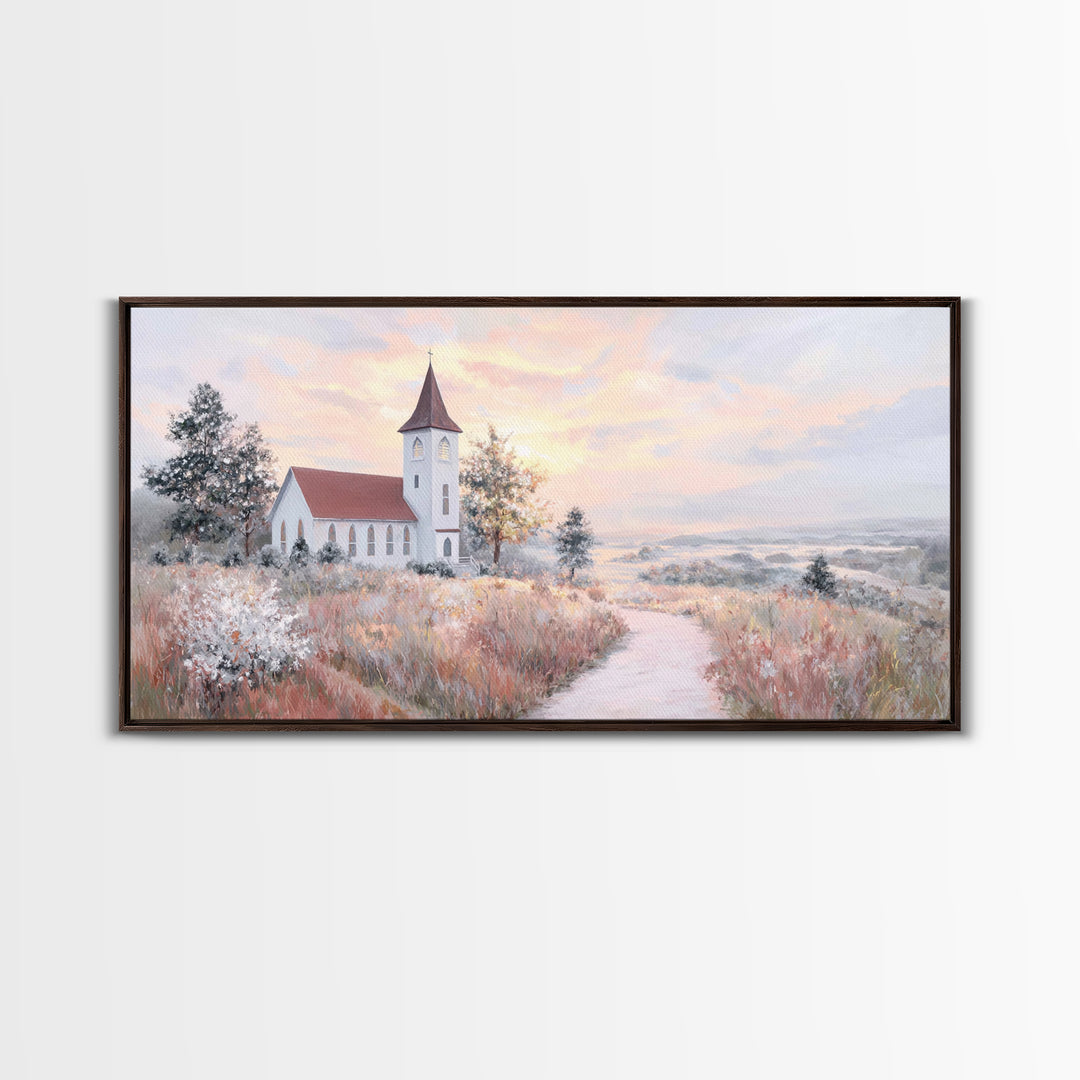 Sunrise Church Path – Framed Canvas Print – Christian Wall Art – Christian Art Canvas – Christian Art Work – Large Christian Art – Subtle C
