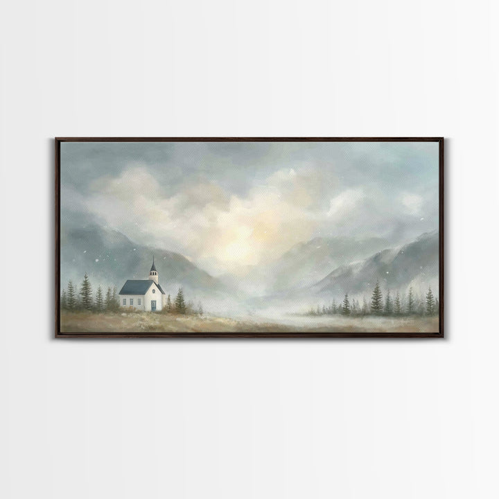 Mountain Chapel Light – Framed Canvas Print – Christian Art Canvas – Christian Wall Art – Moody Christian Art – Christian Painting – Modern