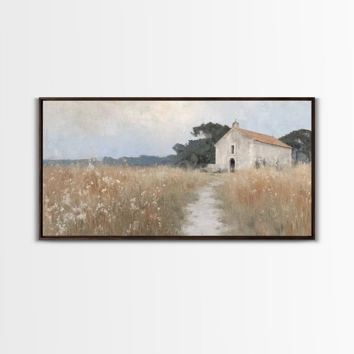 Fieldside Chapel Rest – Framed Canvas Print – Christian Art Work – Christian Wall Art – Christian Art Canvas – Christian Decor – Minimalist