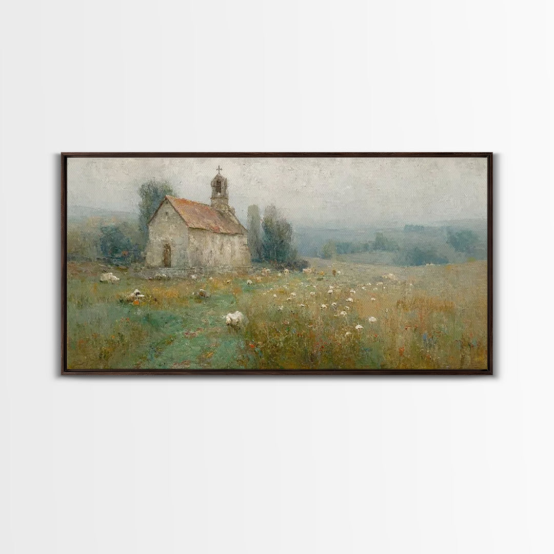Quiet Chapel Meadow – Framed Canvas Print – Christian Art Canvas – Vintage Christian Art – Christian Painting – Christian Wall Art – Christ