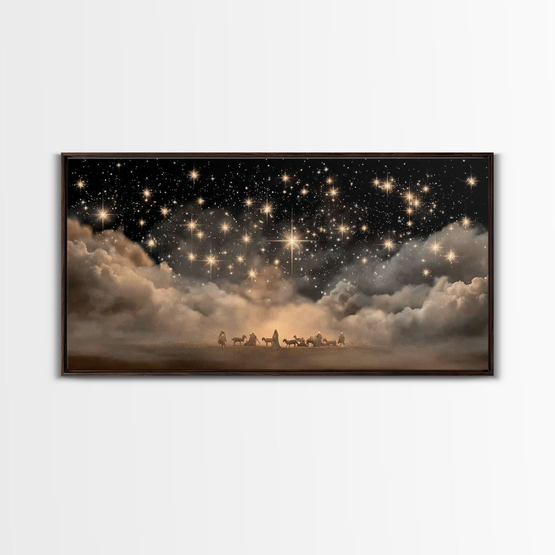 Nativity Night – Framed Canvas Print – Christian Art Canvas – Christmas Art Work – Christian Wall Art – Moody Christmas Art