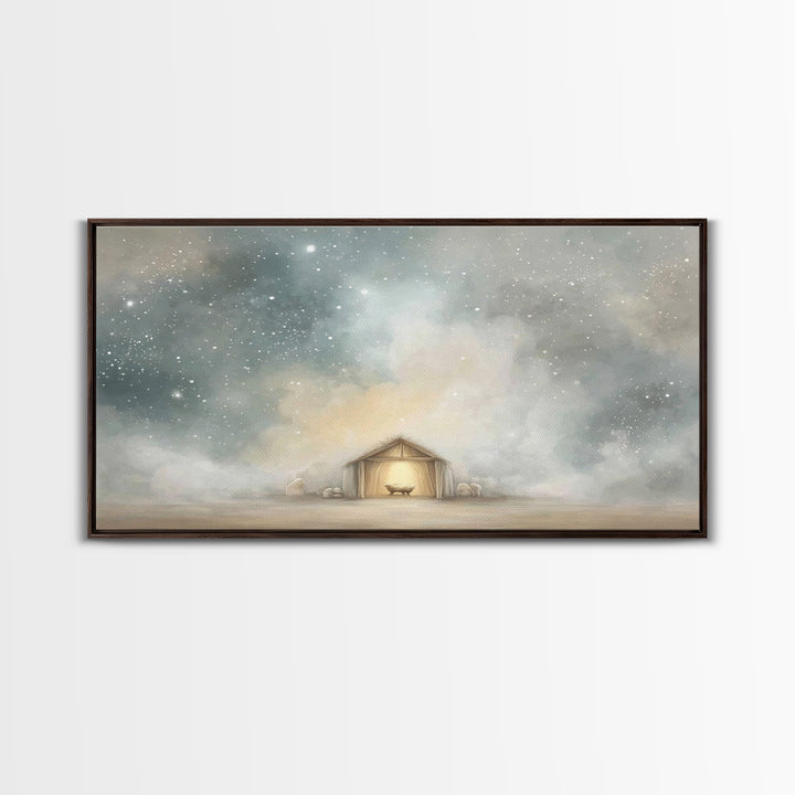 Manger Under Heaven, Framed Canvas Print, Christian Art Canvas, Christmas Art, Christian Christmas Art, Christian Wall Art