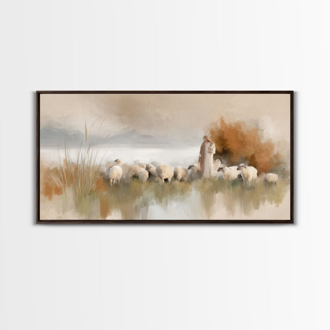 Hillside Shepherd Calm | Framed Canvas Print | Christian Art Canvas | Christian Wall Art | Jesus Painting | Christian Christmas Art | Uniqu