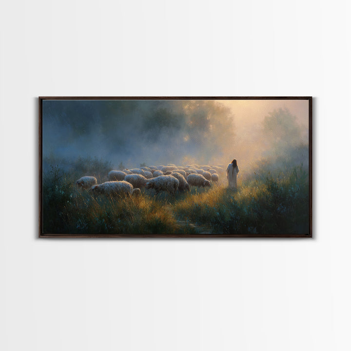 Shepherd’s Meadow Light | Framed Canvas Print | Christian Art Canvas | Christian Wall Art | Jesus Painting | Christmas Art | Vintage Christ