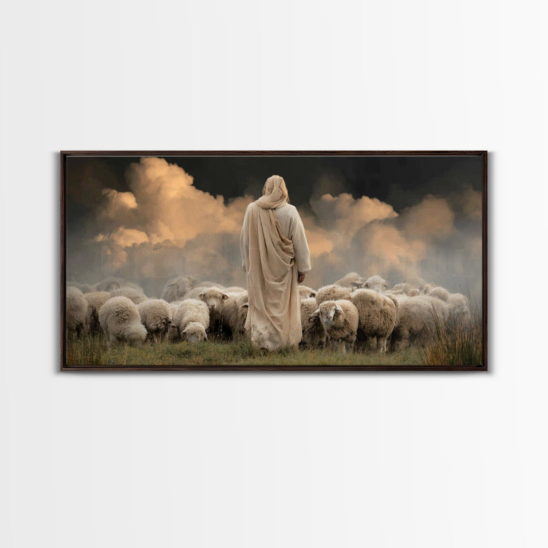 Cloudside Flock Light, Framed Canvas Print, Jesus Painting, Christian Art Canvas, Christian Wall Art, Large Christian Painting, Christian A