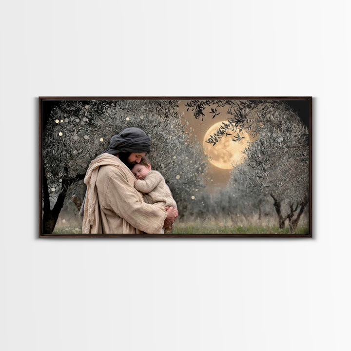 Moonlit Comfort | Framed Canvas Print | Jesus Wall Art | Christian Christmas Art | Christian Art Painting | Unique Christian Art