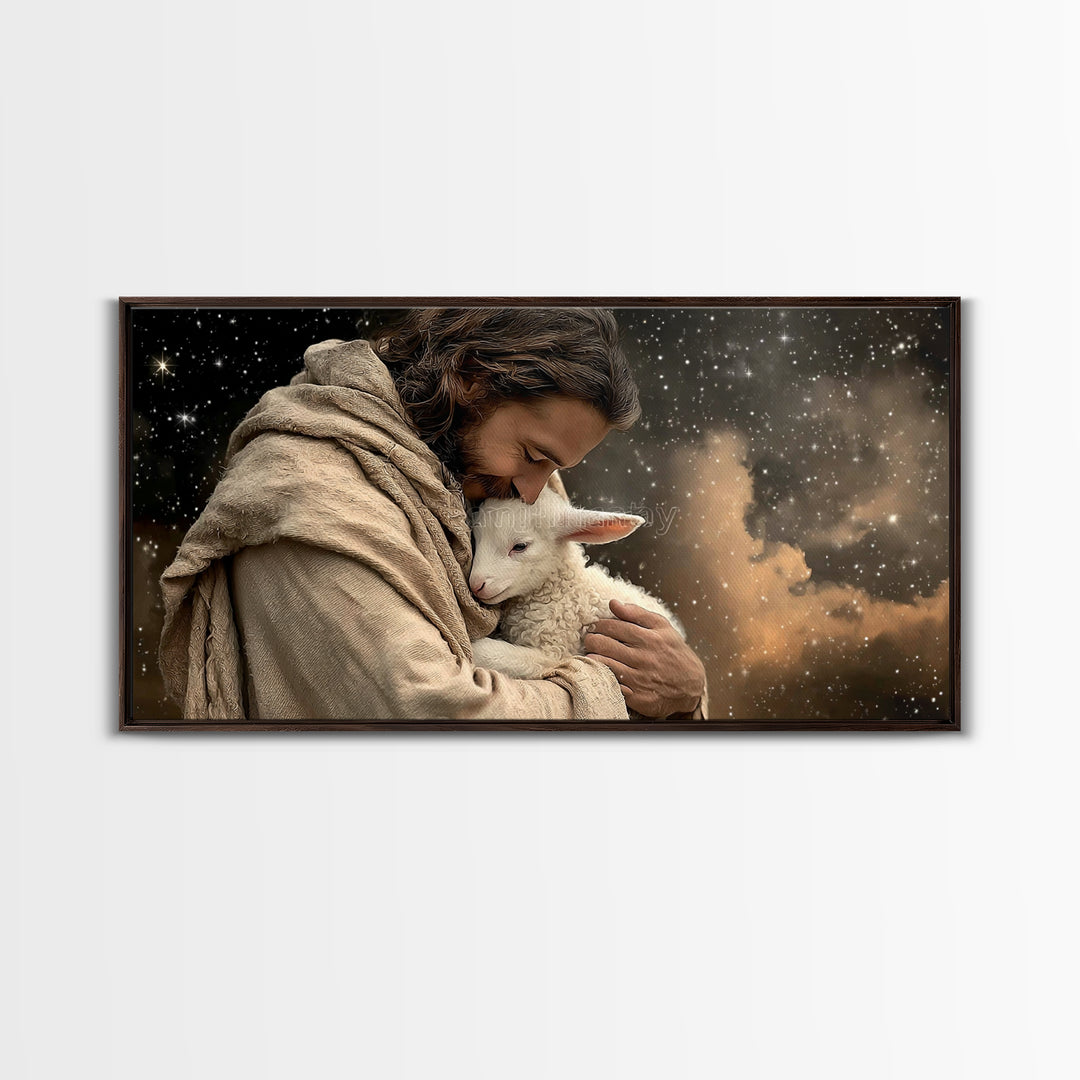 Shepherd’s Embrace – Framed Canvas Print – Christian Art Canvas – Christian Wall Art – Jesus Painting – Christian Christmas Art