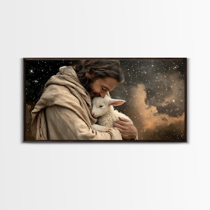 Shepherd’s Embrace – Framed Canvas Print – Christian Art Canvas – Christian Wall Art – Jesus Painting – Christian Christmas Art