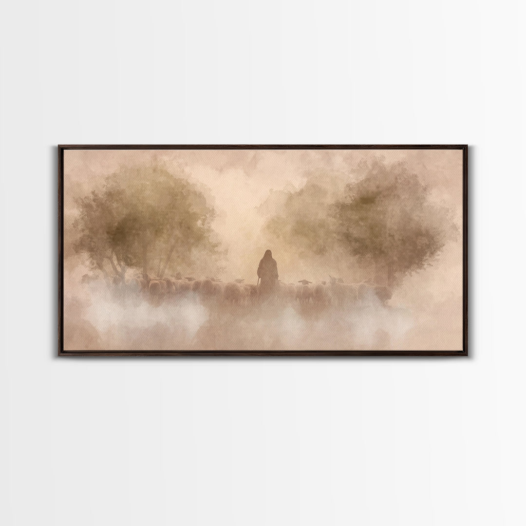 Shepherd’s Dawn Glow | Framed Canvas Print | Christian Art Canvas | Jesus Painting | Christian Wall Art | Moody Christian Art | Christmas W
