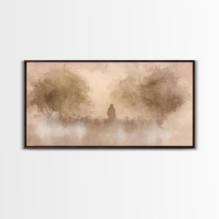 Shepherd’s Dawn Glow | Framed Canvas Print | Christian Art Canvas | Jesus Painting | Christian Wall Art | Moody Christian Art | Christmas W
