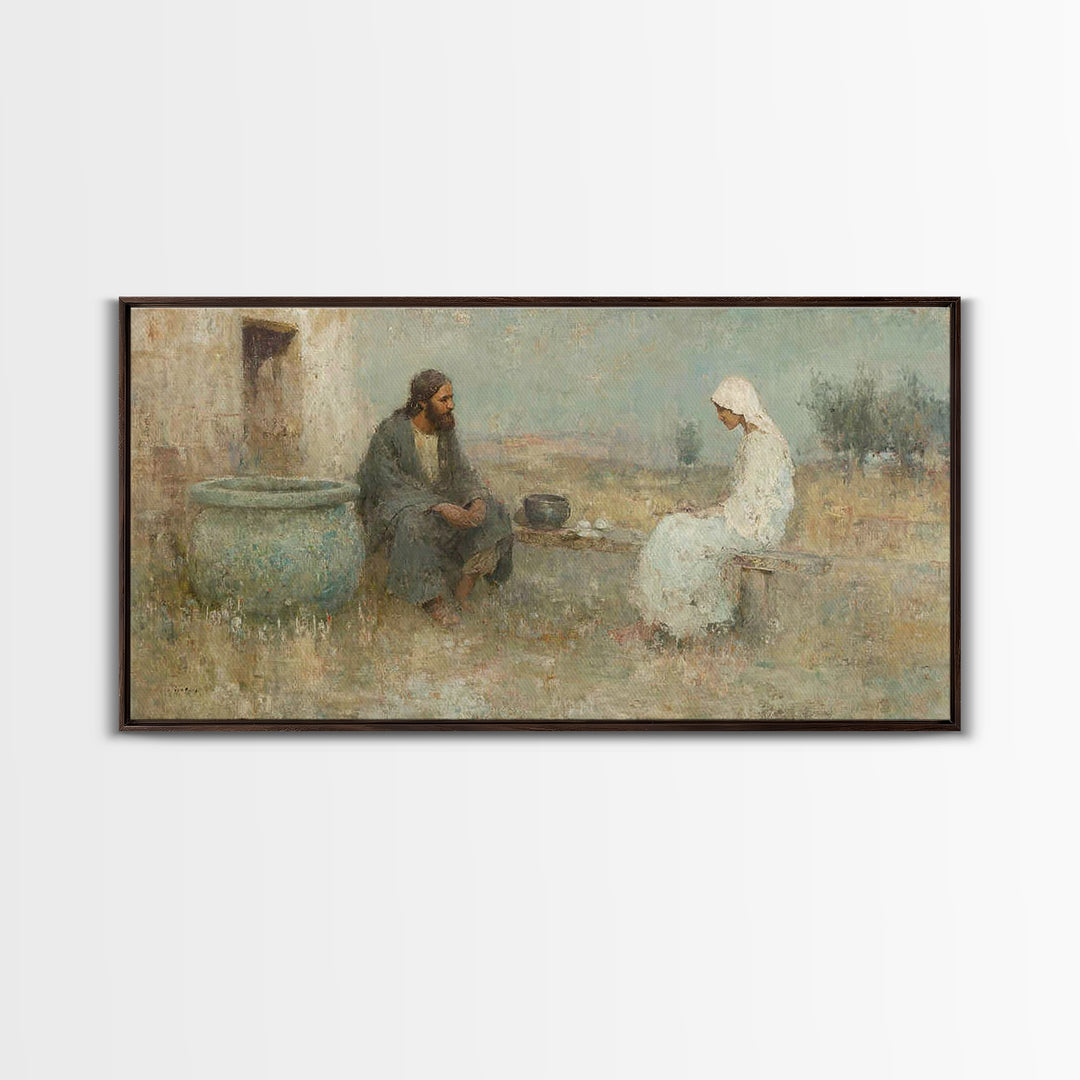 Quiet Well Encounter – Framed Canvas Print – Christian Art Canvas – Christian Painting – Subtle Christian Art – Christian Wall Art – Christ
