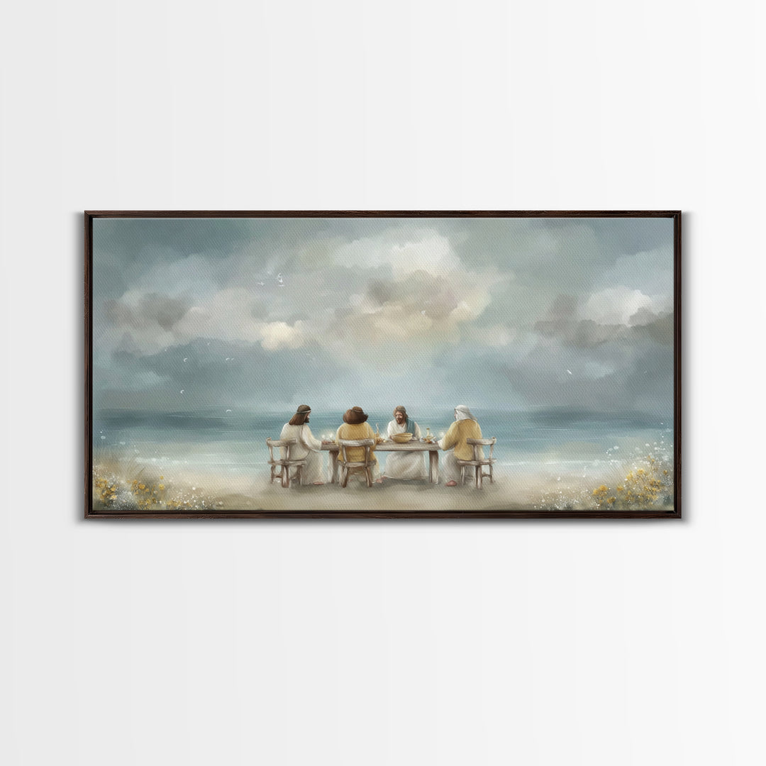 Seaside Supper, Framed Canvas Print, Christian Art Canvas, Christian Wall Art, Modern Christian Painting, Jesus Art Print, Christian Gift I