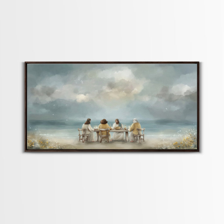 Seaside Supper, Framed Canvas Print, Christian Art Canvas, Christian Wall Art, Modern Christian Painting, Jesus Art Print, Christian Gift I