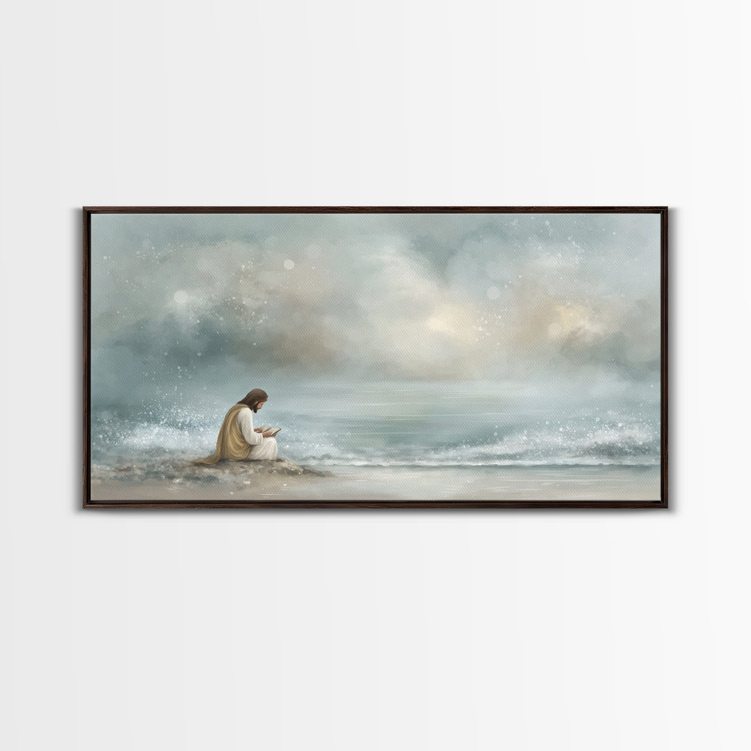 Shoreline Hope – Framed Canvas Print – Christian Art Canvas – Christian Wall Art – Jesus Painting – Minimalist Christian Art – Christian Gi