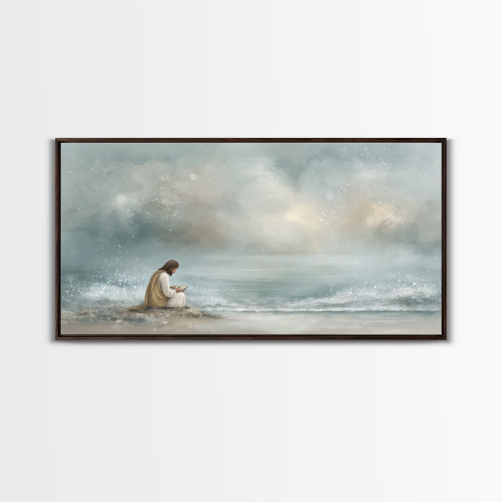 Shoreline Hope – Framed Canvas Print – Christian Art Canvas – Christian Wall Art – Jesus Painting – Minimalist Christian Art – Christian Gi