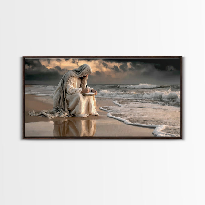 Shoreline Grace – Framed Canvas Print – Christian Wall Art – Jesus Painting – Modern Christian Art – Christian Christmas Art – Large Jesus