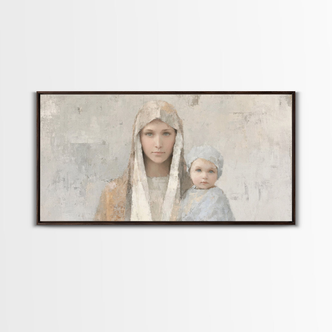 Mother’s Embrace, Framed Canvas Print, Christian Art Canvas, Mary and Jesus Painting, Christmas Wall Art, Christian Christmas Art, Modern C