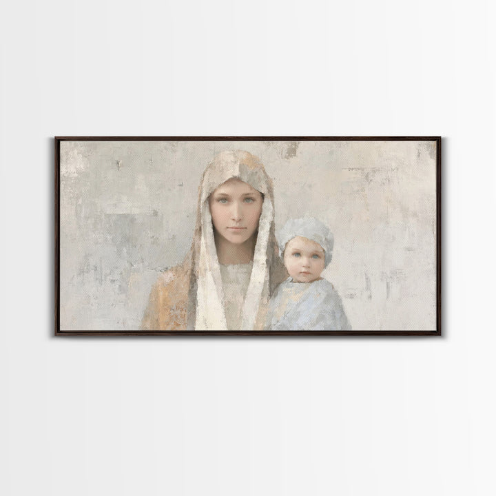 Mother’s Embrace, Framed Canvas Print, Christian Art Canvas, Mary and Jesus Painting, Christmas Wall Art, Christian Christmas Art, Modern C