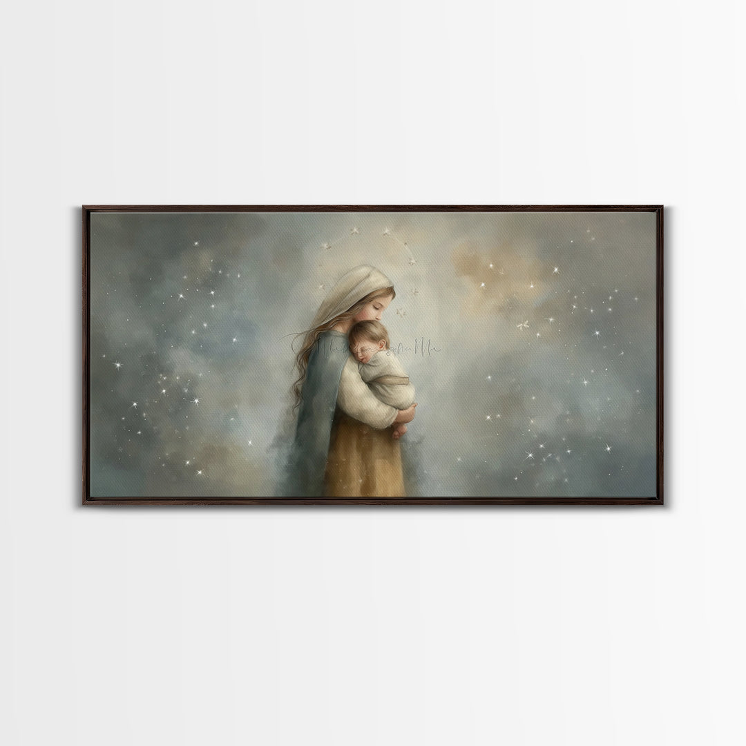 Starry Night Tenderness – Framed Canvas Print – Christian Christmas Art – Christian Art Gift – Mary and Jesus Painting – Christian Wall Art