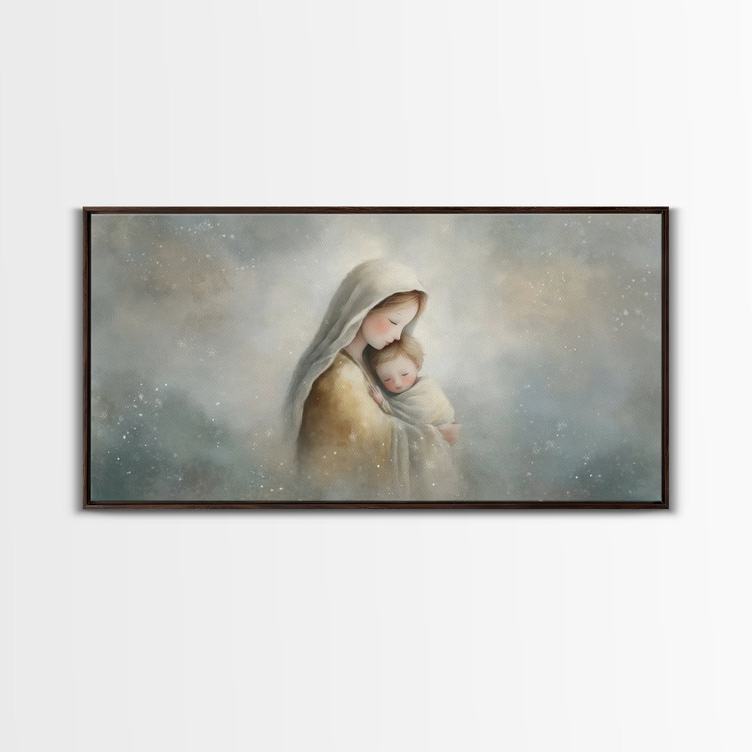 Snowfall Grace – Framed Canvas Print – Christmas Art – Christian Wall Art – Christian Art Canvas – Mary And Jesus Painting – Christian Gift