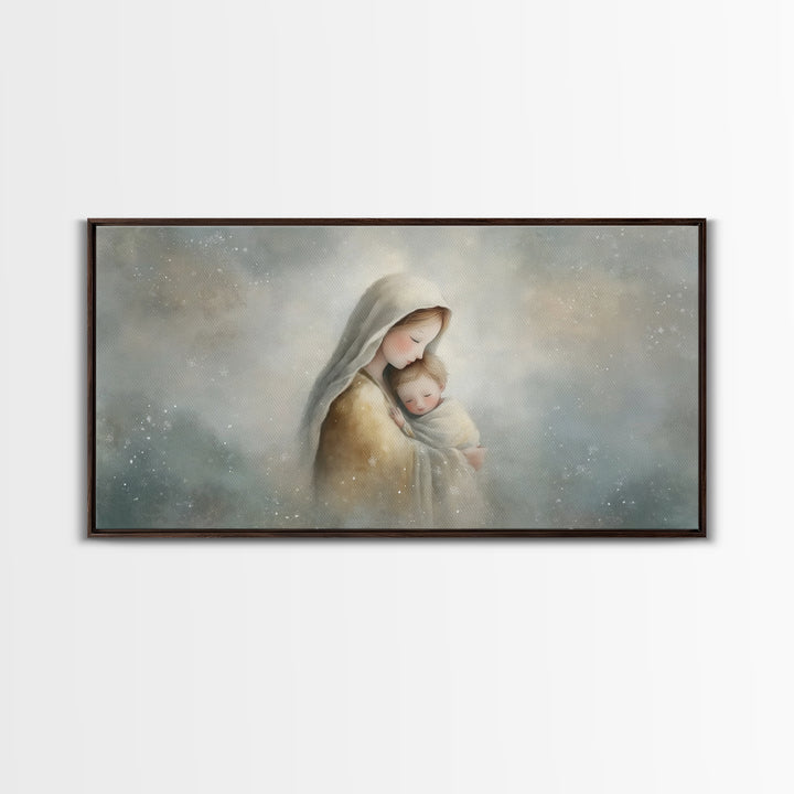Snowfall Grace – Framed Canvas Print – Christmas Art – Christian Wall Art – Christian Art Canvas – Mary And Jesus Painting – Christian Gift