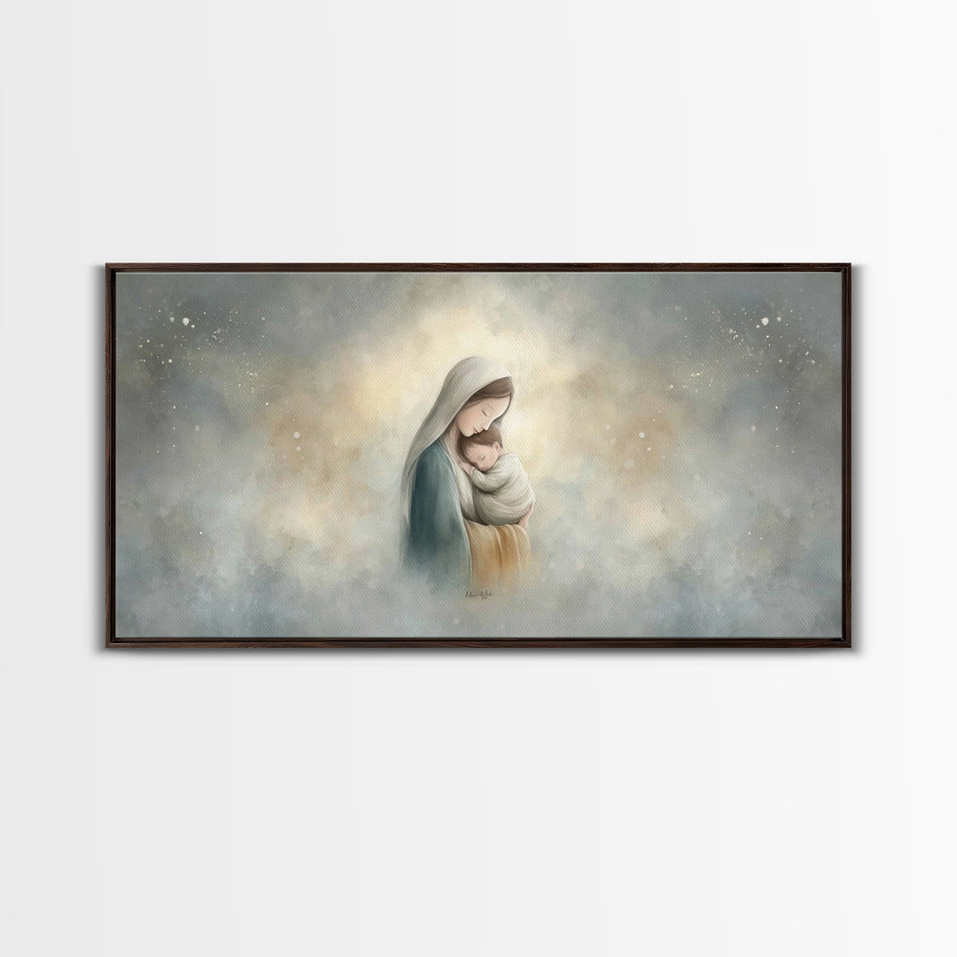 Sacred Embrace – Framed Canvas Print – Christian Art Canvas – Christian Wall Art – Jesus Painting – Christmas Art – Christian Christmas